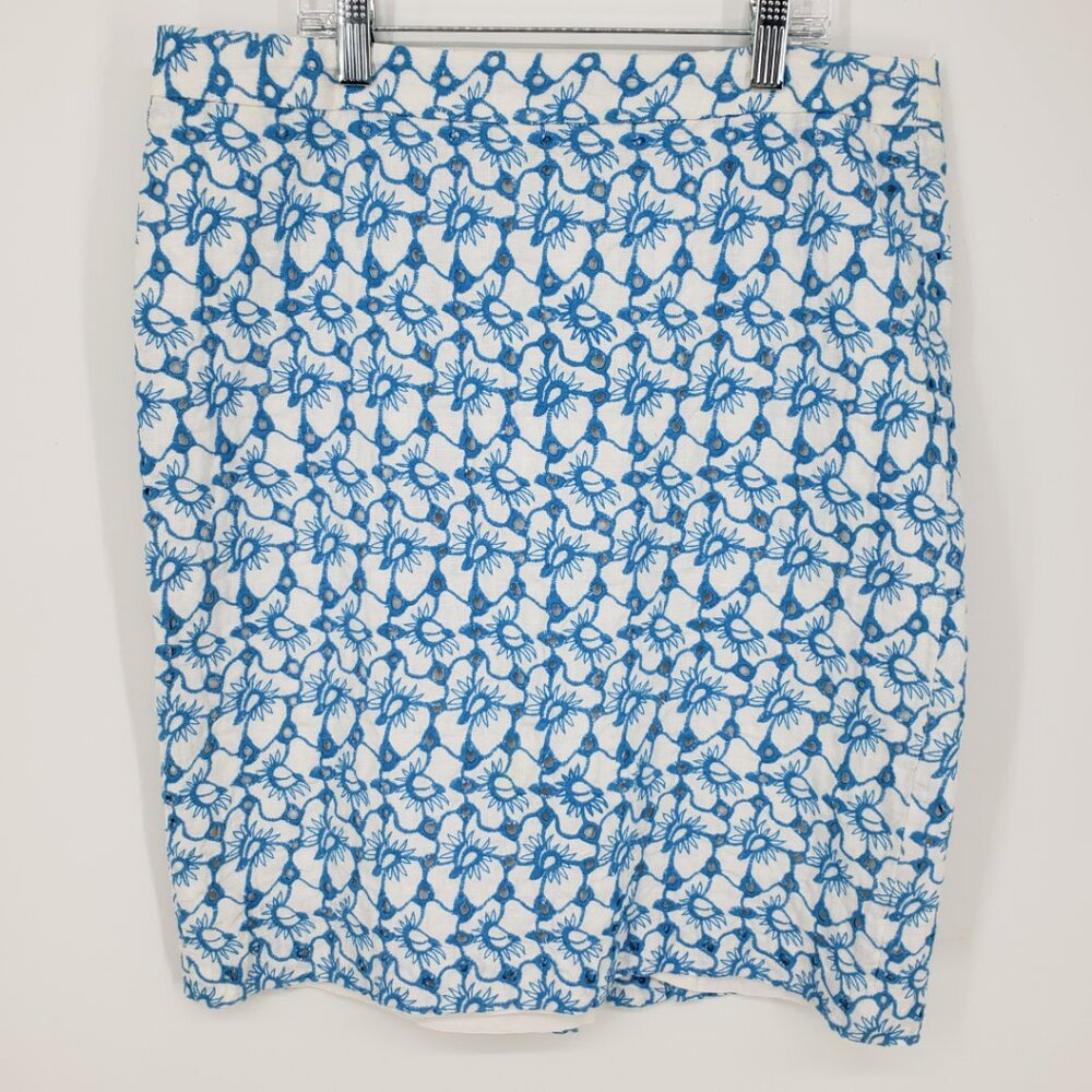 3/$25 Talbots Floral Embroidered Eyelet Pencil Skirt 10 Linen Aqua Blue White